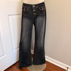 Y2K DARKWASH LEI FRONT POCKET LOW WAIST FLARE JEANS